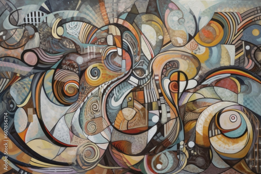 cubist-inspired artwork with abstract swirls and lines, creating an otherworldly atmosphere, created with generative ai