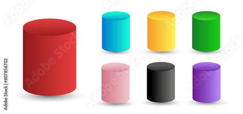 Set of vector cylinders with gradients and shadow for game, icon, package design, logo, mobile, ui, web, education. 3d cylinder on a white background. Pedestal template for your design.