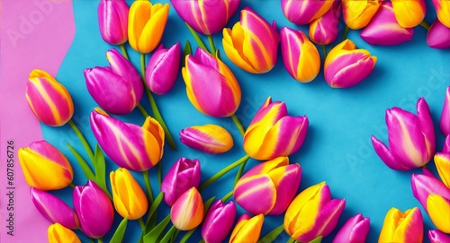 Beautiful bouquet of colorful tulip flowers on white background, top view. Space for text, generative ai © Aimages
