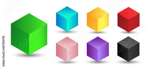 Set of vector cubes with gradients for game, icon, packaging design or logo. Cube illustration isolated on white background. Minimalist style abstract cube icon. Platonic solid. Icon.