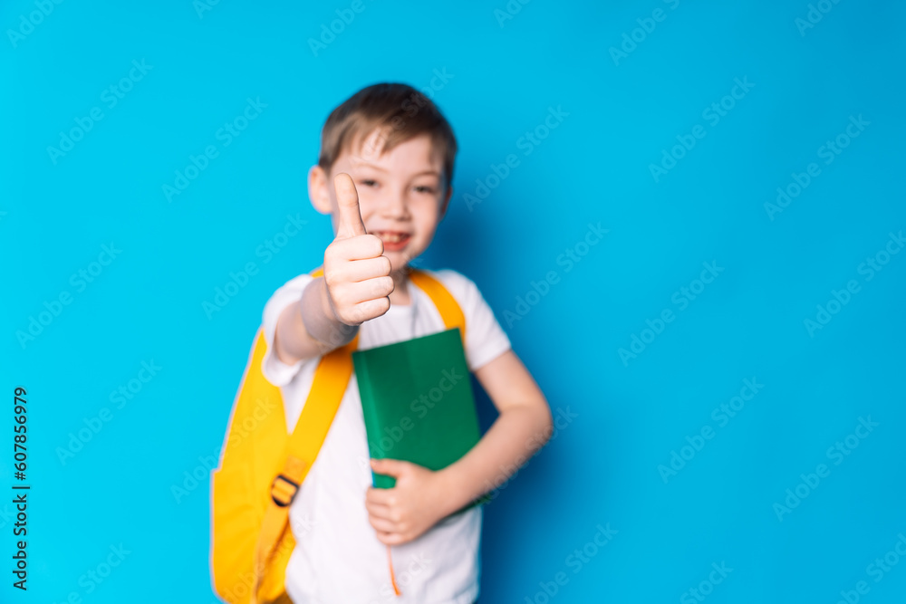 Schoolboy with a yellow backpack and a book in his hands shows a like against a blue background. Schoolboy with a yellow backpack and a book in his hands shows a like against a blue background.