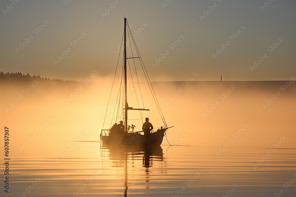 sailing boat with crew of two in misty morning sunrise, created with generative ai