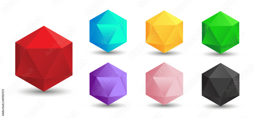 Set of vector icosahedrons with a gradient for game, icon, packagingdesign, logo, mobile, ui, web. Platonic solid. Minimalist style. Set of vector icosahedrons with a gradient for game, icon, packagingdesign, logo, mobile, ui, web. Platonic solid. Minimalist style.