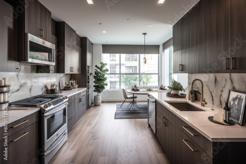 clutter-free kitchen with sleek countertops, stainless steel appliances, and natural light, created with generative ai