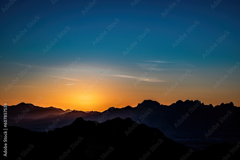 sunset, with silhouetted mountains and clear blue sky, created with generative ai
