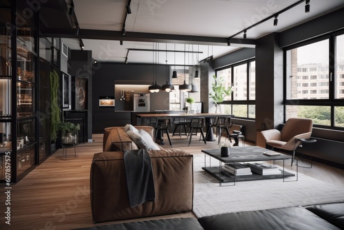 a modern apartment with industrial decor and sleek furniture, created with generative ai © altitudevisual