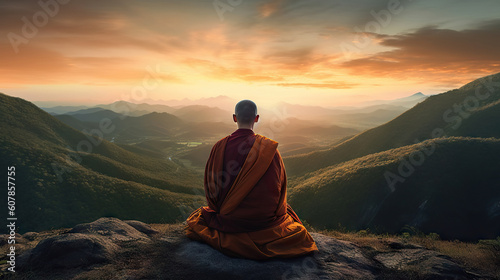 Fotografia Buddhist monk sitting on the top of mountain and looking at sunrise