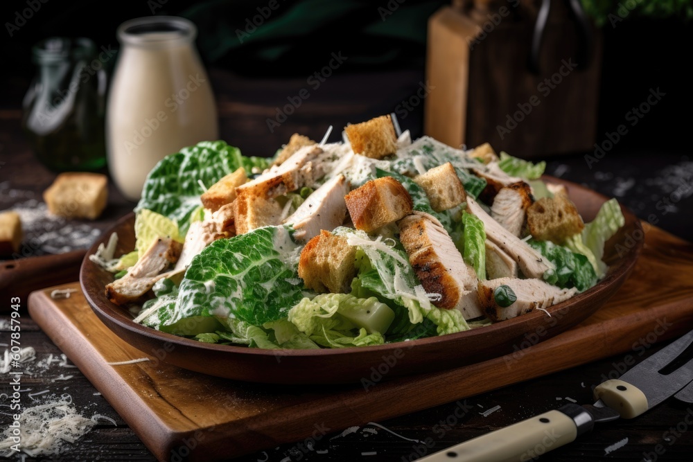 chicken caesar salad with croutons, parmesan cheese, and creamy dressing, created with generative ai chicken caesar salad with croutons, parmesan cheese, and creamy dressing, created with generative ai