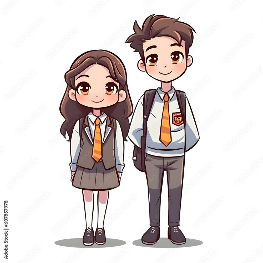 Cute teenager man and woman cartoon hand draw in student uniform Cute teenager man and woman cartoon hand draw in student uniform
