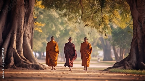 Buddhist monks walking in the park at Ayutthaya, Thailand. Generative AI.