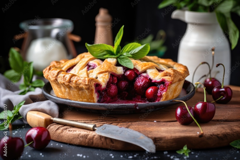 cherry pie being served on a platter, with sprig of fresh herbs and a wedge of lemon, created with generative ai