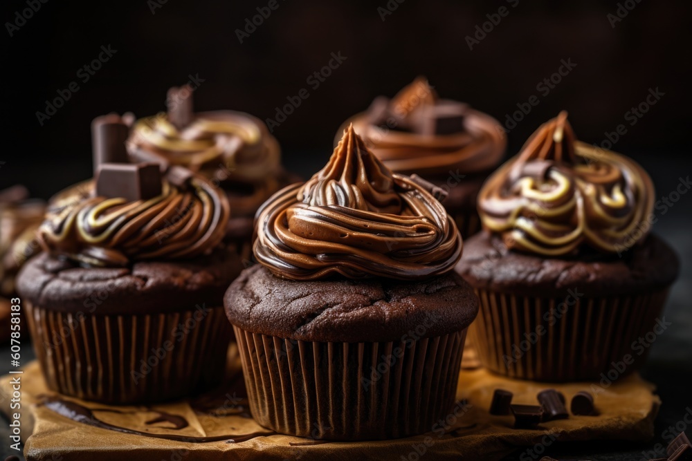 stack of decadent chocolate cupcakes, frosted and decorated with swirls of chocolate, created with generative ai stack of decadent chocolate cupcakes, frosted and decorated with swirls of chocolate, created with generative ai