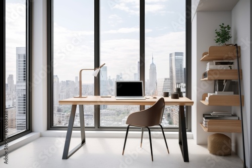 minimalist home office setup with sleek desk  minimalist accessories  and view of the city  created with generative ai