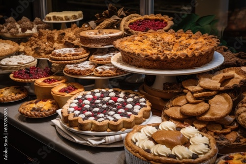 a variety of holiday cookies, pies, and pastries, on display at a bakery, created with generative ai