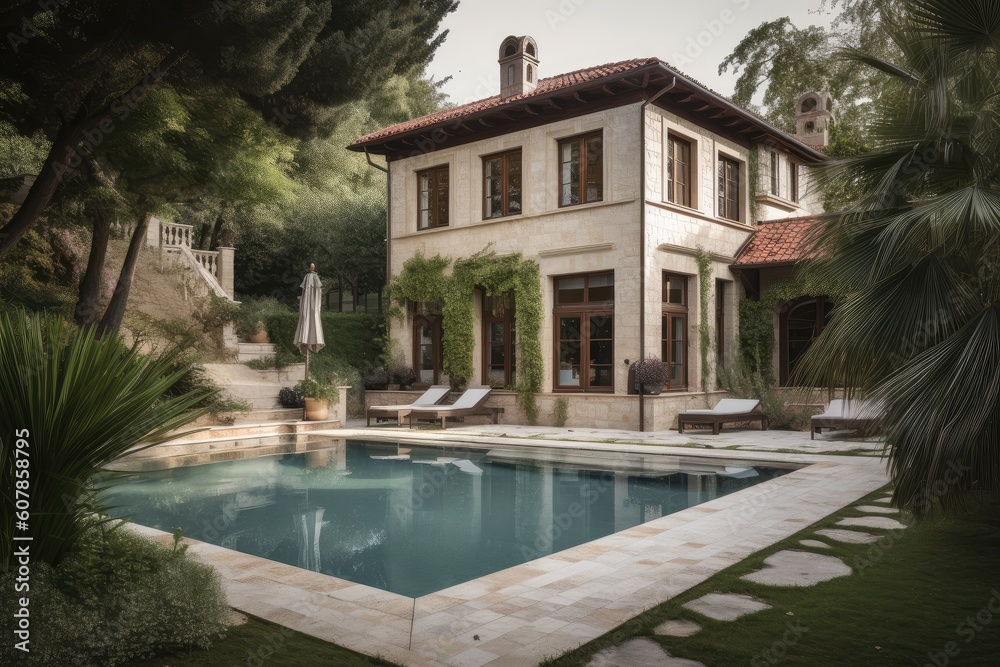 exterior of mediterranean house with lush green garden and swimming pool, created with generative ai