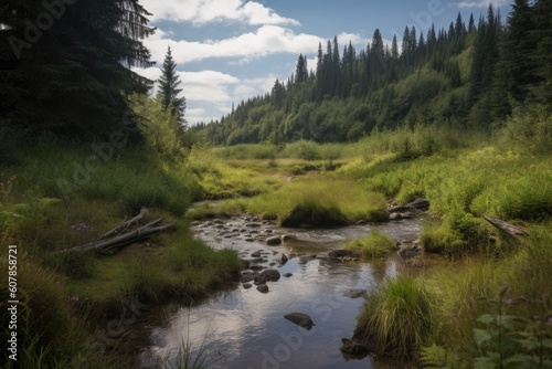 watershed with clear, running water and abundant wildlife, created with generative ai