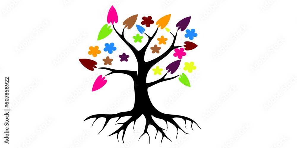 Abstract tree with colorful flowers and leaves isolated on white background. Vector illustration. Abstract tree with colorful flowers and leaves isolated on white background. Vector illustration.