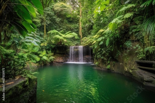 majestic waterfall cascading into tranquil pool, surrounded by lush greenery, created with generative ai