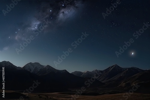 night sky with stars and crescent moon over mountain range, created with generative ai