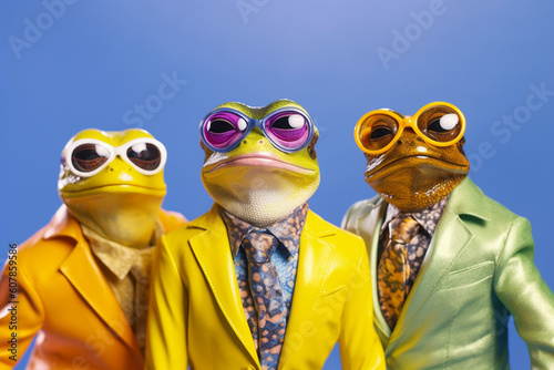 Fashionable portrait of anthropomorphic cute frogs dressed in vibrant suits and looking like superstars. Generative AI. © Aul Zitzke