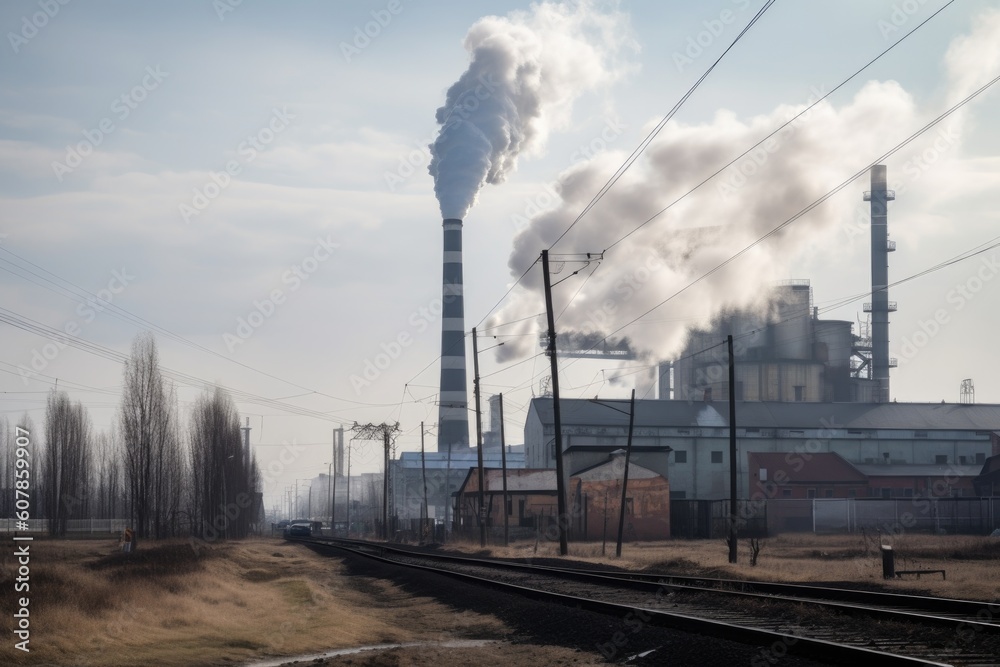 factory, with smoke and exhaust fumes rising from the chimneys, created with generative ai