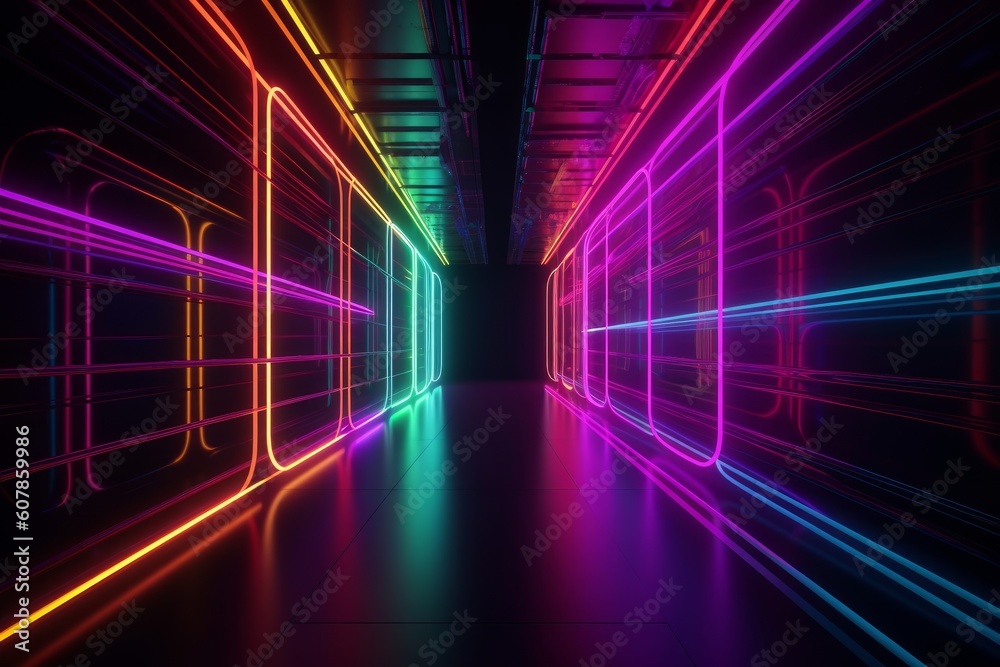 Fototapeta premium Glowing lines neon lights abstract psychedelic background. 3d render, Generative ai