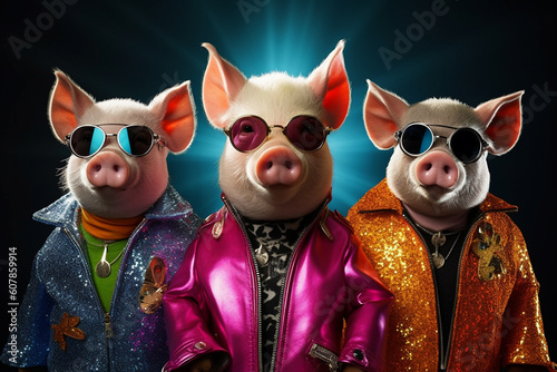 Stylish animal rock band, fashionable portrait of anthropomorphic superstar pigs with sunglasses and vibrant suits, group photo, glam rock style. Generative AI.