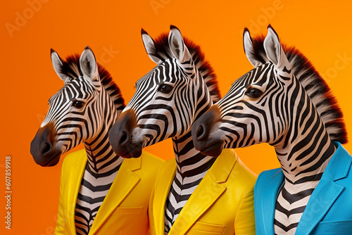 Fashionable portrait of anthropomorphic cute zebras dressed in vibrant suits and looking like superstars. Generative AI.