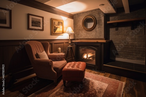 cozy reading nook with fireplace and comfy armchair for warming up on cold winter nights, created with generative ai