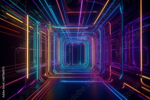 Glowing lines neon lights abstract psychedelic background. 3d render, Generative ai