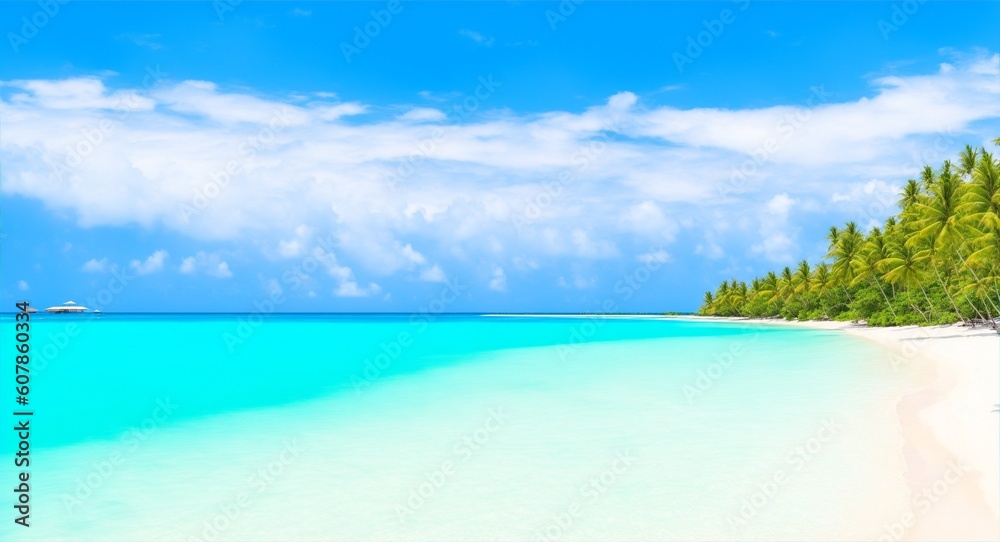 Fototapeta premium Tropical paradise beach with white sand and crystal clear blue water. Beautiful natural summer vacation holidays background. Travel tourism wide panorama background concept, generative ai