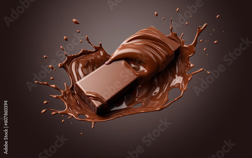 Chocolate bar and splashing melted chocolate cream. Generative Ai illustration