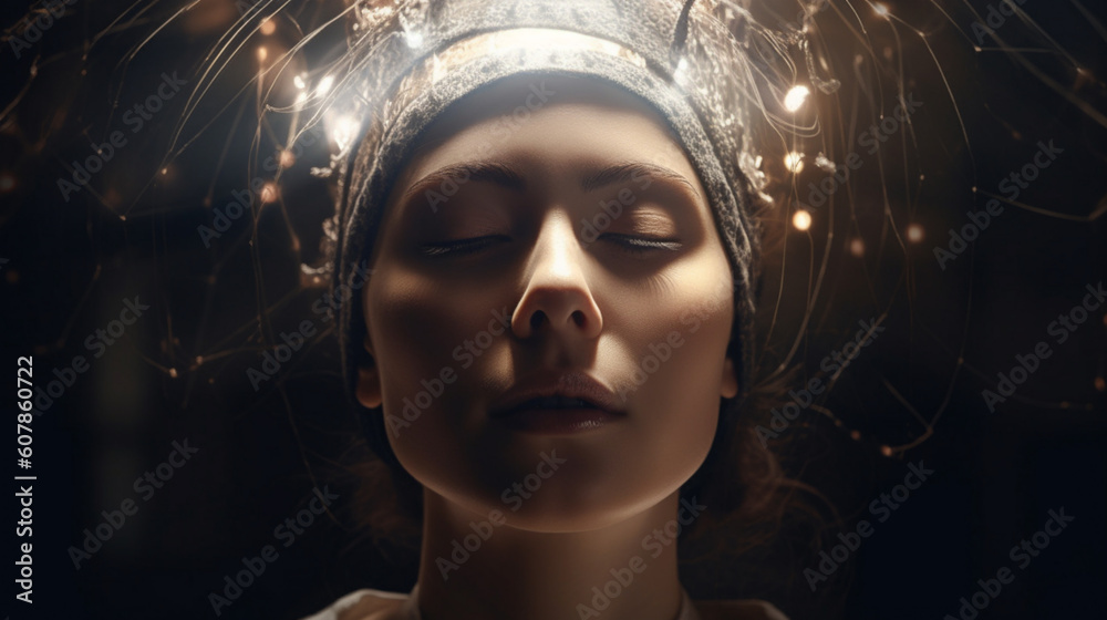 Face of a pensive woman close-up on a black background. mystical thinking, clairvoyance. generated by AI Face of a pensive woman close-up on a black background. mystical thinking, clairvoyance. generated by AI