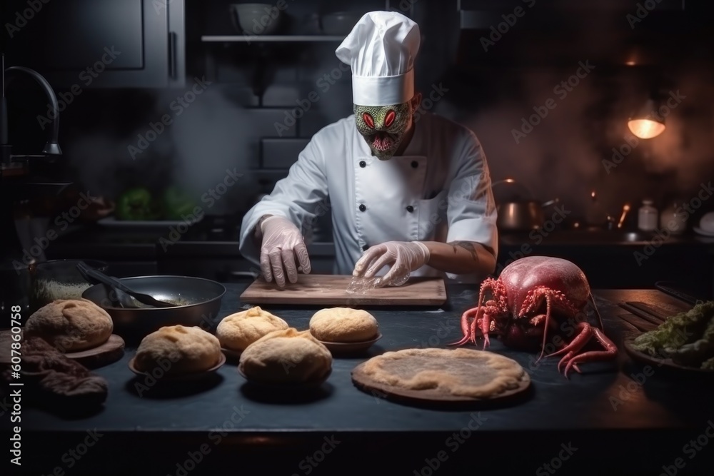 alien chef, preparing plate of juicy hamburger with freshly baked bun and fixings, created with generative ai