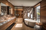 luxurious bathroom, with wooden paneling and stone accents, including soaking tub and marble countertops, created with generative ai