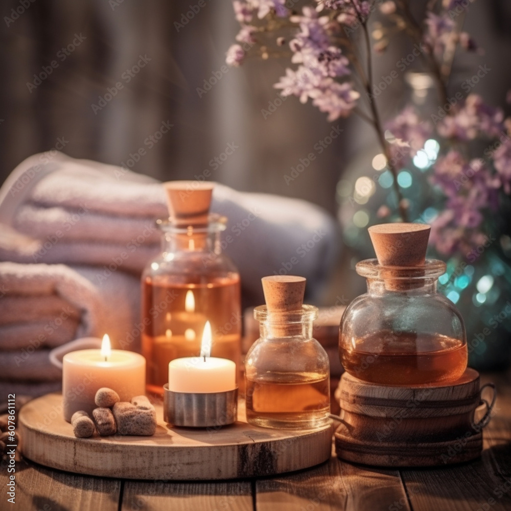 Generative ai. Spa treatment with essential oils set up. Generative ai. Spa treatment with essential oils set up.