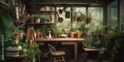 Green House Desk with Garden Tools - AI Generated