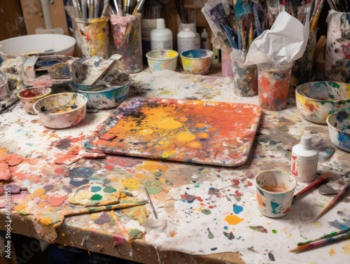 Artist's Desk with Paint Splatters - AI Generated