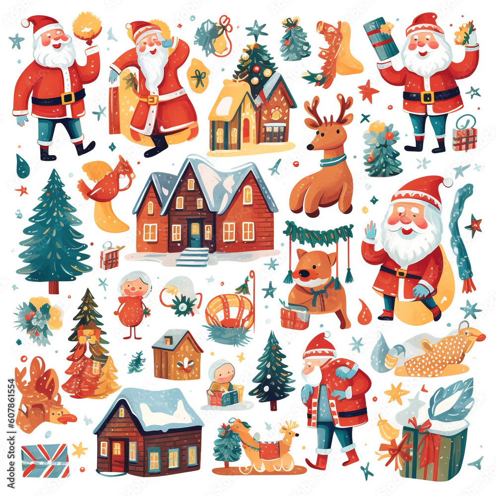 A collection set about Christmas, a variety of stickers, about Christmas, reflecting the growing happiness, the fun of children, the reunion of the family