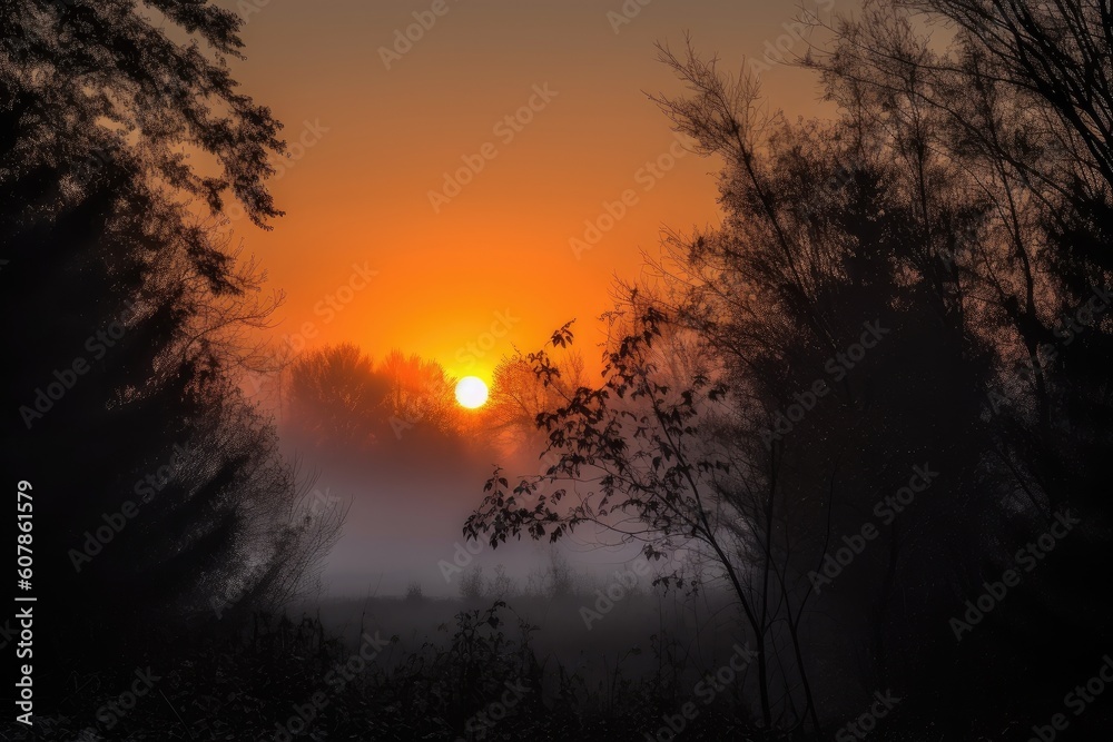 sunrise, with orange sun peeking through the misty sky and over the trees, created with generative ai sunrise, with orange sun peeking through the misty sky and over the trees, created with generative ai