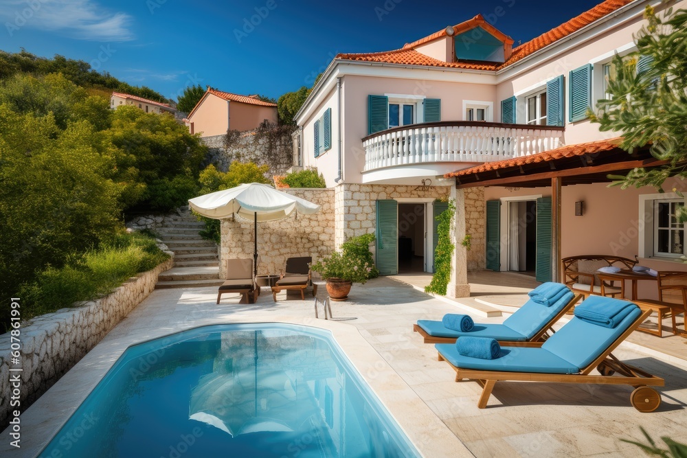 mediterranean house with swimming pool and sun loungers on terrace, created with generative ai