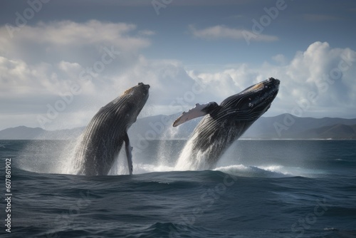 a pair of humpback whales breaching in tandem, created with generative ai © altitudevisual