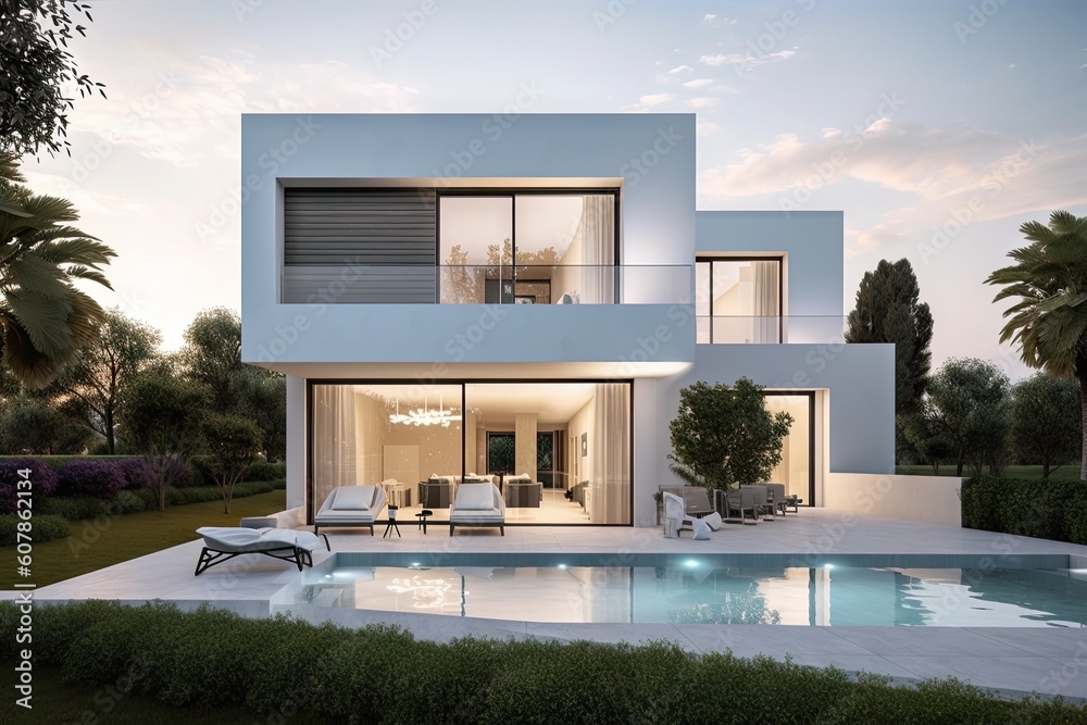 contemporary mediterranean house with sleek, minimalist exterior and stylish details, created with generative ai