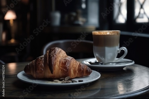 cofee break ritual with a latte and croissant in the old-fashioned cafe  created with generative ai