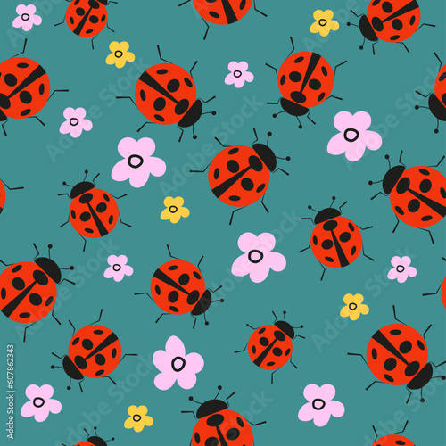 Ladybug with flowers seamless pattern. Vector illustration on a green background.