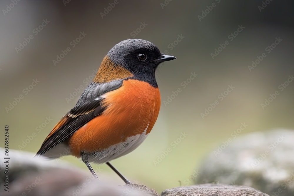 close-up of male redstart bird's vibrant plumage with blurry background, created with generative ai close-up of male redstart bird's vibrant plumage with blurry background, created with generative ai