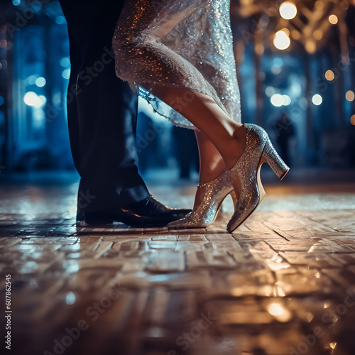A woman's legs in high heels and a man's legs in suit pants. The couple dances on the hardwood floor in a dance hall, AI generative content.