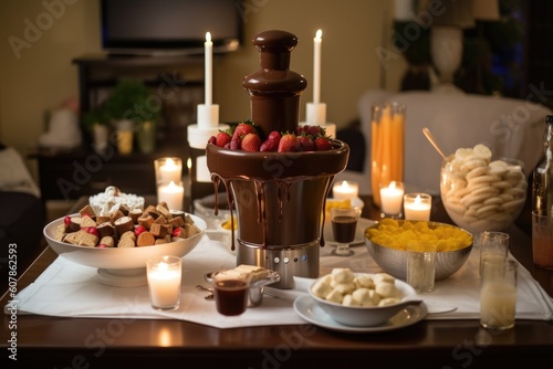 a formal dinner party with a chocolate fountain  fondue pots  and delicious desserts for guests to indulge in  created with generative ai