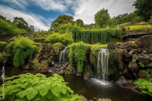 vineyard with cascading waterfall in the background  created with generative ai