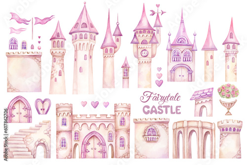 Fairytale Castle Watercolor Clipart, princess castle architecture elements, Cartoon constructor fairy tale magic kingdom, clip art with towers, gates, flags, roofs for create design for baby girl © MarinadeArt